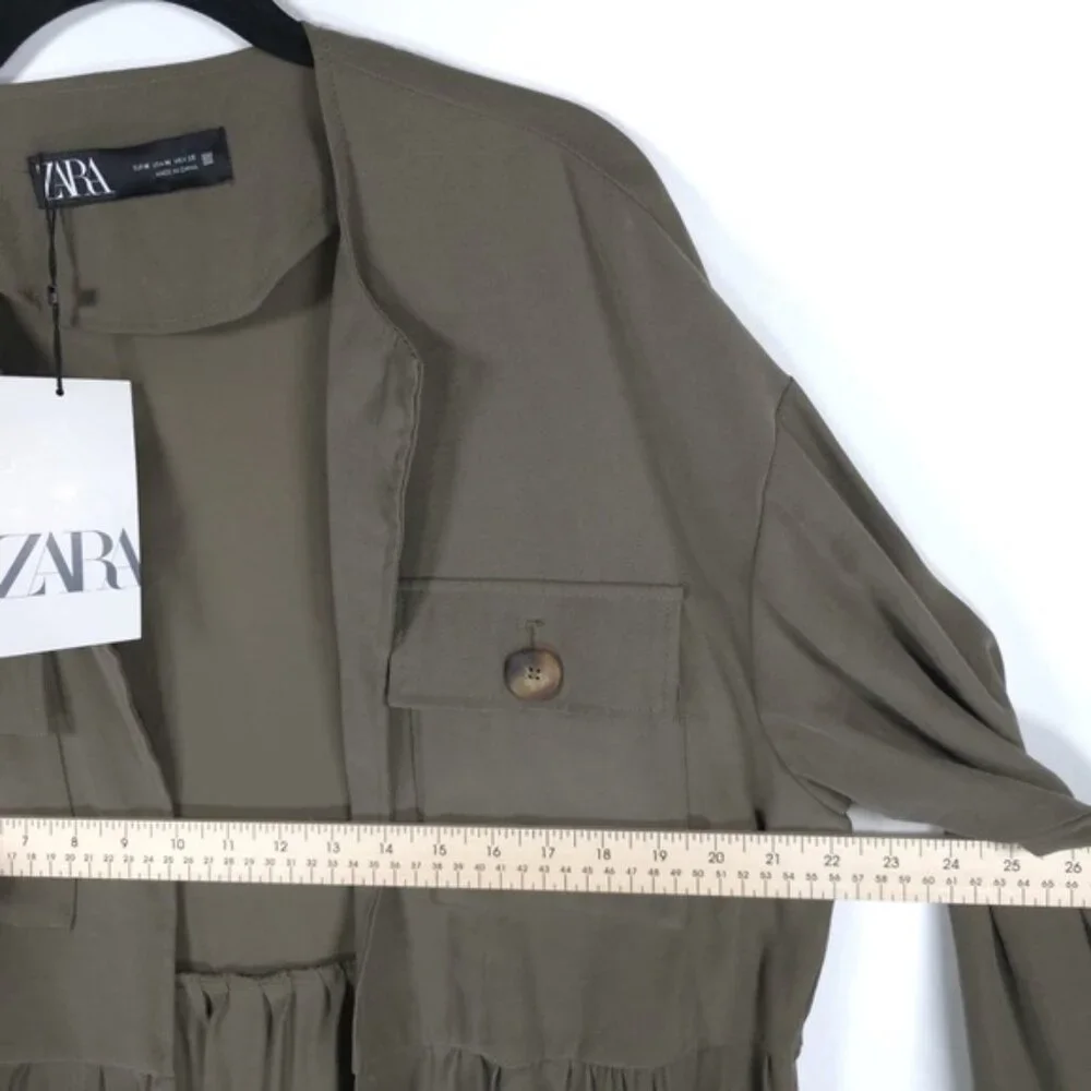 NWT ZARA Viscose Blend Ruffle Peplum Army Green Jacket Open Front 4968/068/M‎